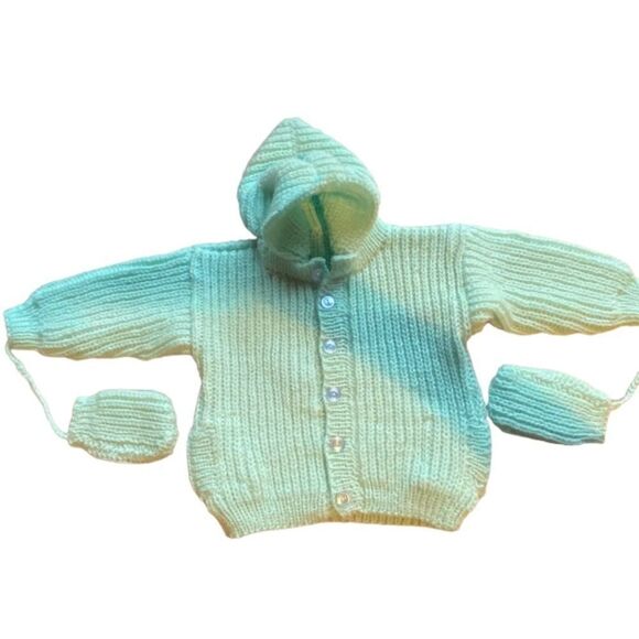 Vintage Handmade Baby toddler Mint Green Button Down Hoodie With Mittens NWOT - Picture 2 of 9
